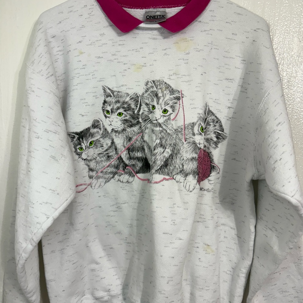 Vintage Oneita Sport Playful Kitten Grandmacore Crew Neck Collared Sweatshirt - Picture 3 of 11